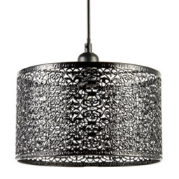 Happy Homewares Ornate Moroccan Style Decorated Black Gloss Metal Pendant Lamp Shade