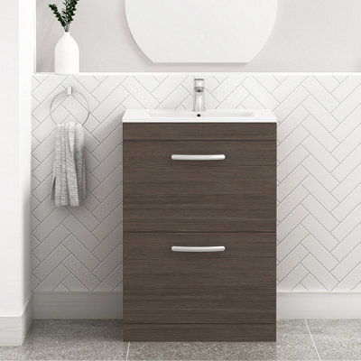 Royal Bathrooms Turin Grey Elm 600mm Floor Standing Vanity Unit 2 Drawer With Minimalist Basin Sink - image 1