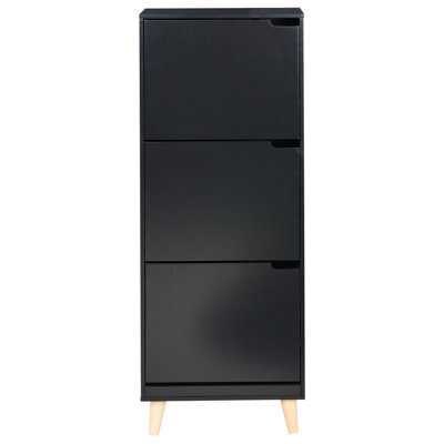 Wyld And Coco Armadietto Black 3-Compartment Mdf Shoe Cabinet With Rubberwood Legs For Hallway Storage - image 1