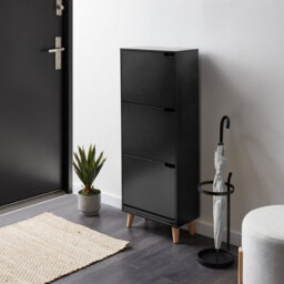 Wyld And Coco Armadietto Black 3-Compartment Mdf Shoe Cabinet With Rubberwood Legs For Hallway Storage - thumbnail 2