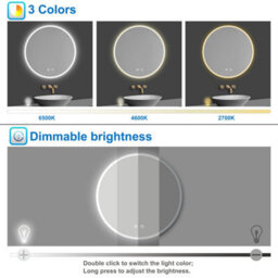Probaty Bathrooms Bathroom Round Mirror 3-Colour Led 70X70Cm With Anti-Fog And Memory Function,backlit Wall Vanity Mirror,dual Touch Sensor - thumbnail 5