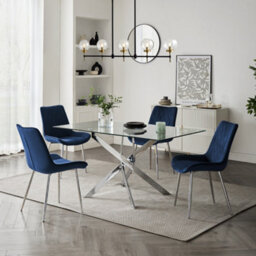 Home Detail Lucia Rectangular Glass Dining Table & Blue Velvet Almeria Chairs, 4 Seater