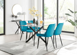 Furniturebox Leonardo 4 Seater Rectangular Glass Dining Table With Silver Metal Legs & 4 Blue Pesaro Velvet Black Leg Chairs