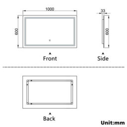 Probaty Bathrooms Bathroom Mirror 1000X600mm Dimmable Led With Anti-Fog Ip44 Rated Illuminated Backlit Wall Mounted Touch Switch Vanity Mirror - thumbnail 9