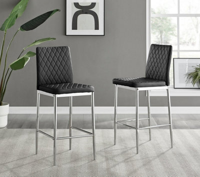 Furniturebox Milan Black Diamond-Stiched Faux Leather Silver Leg Padded Bar Stools (Set Of 2) - image 1