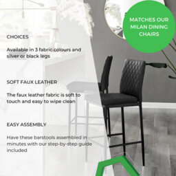 Furniturebox Milan Black Diamond-Stiched Faux Leather Silver Leg Padded Bar Stools (Set Of 2) - thumbnail 6