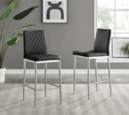 Furniturebox Milan Black Diamond-Stiched Faux Leather Silver Leg Padded Bar Stools (Set Of 2) - thumbnail 1