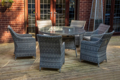 Sh&g Tintagel 6 Seat Dining Table Set - 7 Piece Round Table & Chairs - Aluminium & Grey Rattan With Light Grey Cushions - Outdoor - image 1