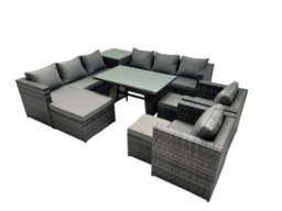 Fimous Outdoor Corner Sofa Chair Dining Table Set Garden Rattan Furniture Set 11 Seater With 3 Stool Side Table Dark Grey - thumbnail 1
