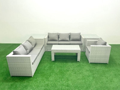 Fimous Wicker Pe Rattan Sofa Garden Furniture Set Oblong Coffee Table Armchair 2 Side Tables Light Grey - image 1