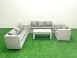 Fimous Wicker Pe Rattan Sofa Garden Furniture Set Oblong Coffee Table Armchair 2 Side Tables Light Grey - thumbnail 1
