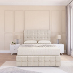 "Sloomy 4Ft6 Berlin Divan Bed Base Cream Plush ,2 Drawers, 12"" Footboard & 54"" Floor Standing Headboard - Double" - thumbnail 2