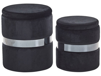 Beliani Velvet Pouffes Set Of 2 Black With Metallic Band - Hidden Storage Footstools - image 1