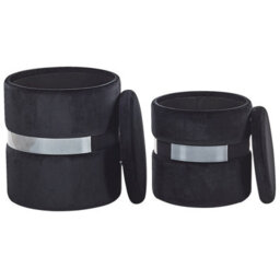 Beliani Velvet Pouffes Set Of 2 Black With Metallic Band - Hidden Storage Footstools - thumbnail 3