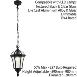 Ip44 Outdoor Hanging Pendant Porch Light Traditional Black & Glass Lantern Lamp - thumbnail 2