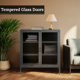 Orsina Industrial Two Door Grey Metal Cabinet, Stylish Storage Cabinet For Bedroom, Contemporary Sideboard Cabinet - thumbnail 8
