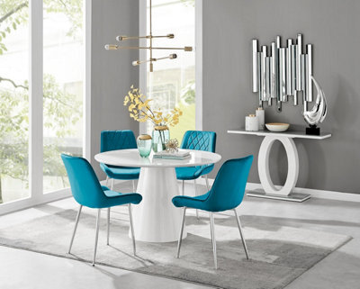 Furniturebox Uk Palma White High Gloss Round Dining Table & 4 Blue Pesaro Silver Chairs - image 1