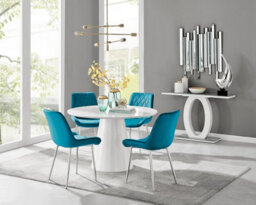 Furniturebox Uk Palma White High Gloss Round Dining Table & 4 Blue Pesaro Silver Chairs - thumbnail 1