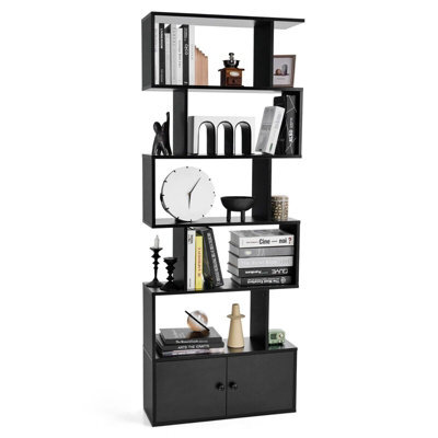 Gainoom 5-Tier Black Bookcase Industrial S-Shaped Bookshelf Storage Display Rack W/ Cabinet - image 1