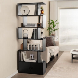 Gainoom 5-Tier Black Bookcase Industrial S-Shaped Bookshelf Storage Display Rack W/ Cabinet - thumbnail 4