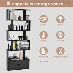 Gainoom 5-Tier Black Bookcase Industrial S-Shaped Bookshelf Storage Display Rack W/ Cabinet - thumbnail 7