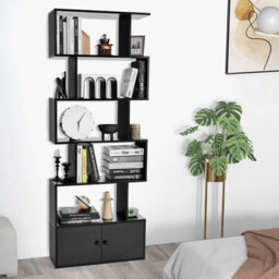 Gainoom 5-Tier Black Bookcase Industrial S-Shaped Bookshelf Storage Display Rack W/ Cabinet - thumbnail 5