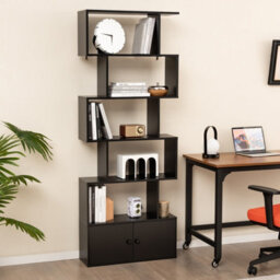 Gainoom 5-Tier Black Bookcase Industrial S-Shaped Bookshelf Storage Display Rack W/ Cabinet - thumbnail 3