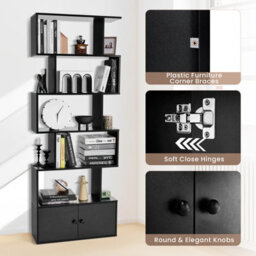 Gainoom 5-Tier Black Bookcase Industrial S-Shaped Bookshelf Storage Display Rack W/ Cabinet - thumbnail 6
