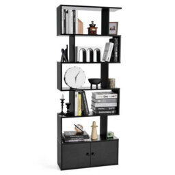 Gainoom 5-Tier Black Bookcase Industrial S-Shaped Bookshelf Storage Display Rack W/ Cabinet - thumbnail 1