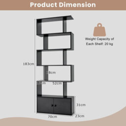 Gainoom 5-Tier Black Bookcase Industrial S-Shaped Bookshelf Storage Display Rack W/ Cabinet - thumbnail 2