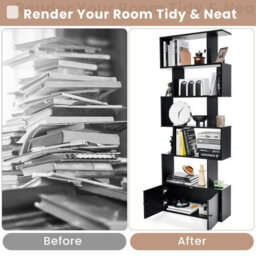 Gainoom 5-Tier Black Bookcase Industrial S-Shaped Bookshelf Storage Display Rack W/ Cabinet - thumbnail 8