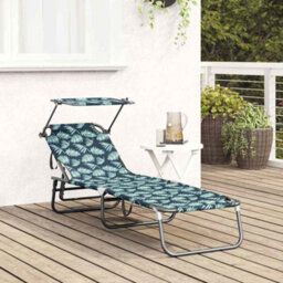 Berkfield Folding Sun Lounger With Canopy Leaf Print 600D Oxford Fabric - thumbnail 3