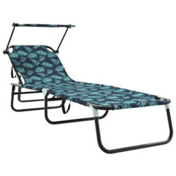 Berkfield Folding Sun Lounger With Canopy Leaf Print 600D Oxford Fabric - thumbnail 2