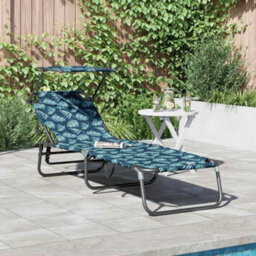 Berkfield Folding Sun Lounger With Canopy Leaf Print 600D Oxford Fabric - thumbnail 1