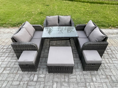 Fimous Outdoor Rattan Garden Furniture Set 9 Seater Patio Love Sofa Set With Rectangular Dining Table 3 Footstools Dark Grey Mixed - image 1