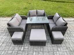 Fimous Outdoor Rattan Garden Furniture Set 9 Seater Patio Love Sofa Set With Rectangular Dining Table 3 Footstools Dark Grey Mixed - thumbnail 1