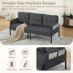 Abrihome Oversized Loveseat, Corduroy Upholstered Couch, Cozy Bedroom Sofa With Metal Legs & Side Pockets,for Living Room, Bedroom,  Grey - thumbnail 3