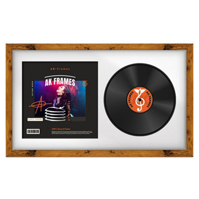"30X17"" Rustic Oak Modern Vinyl Record Frame With White Mount For 12 Inch Lp Album Cover & Disc - Ak Frames" - image 1