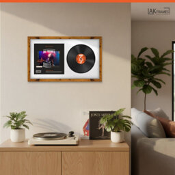 "30X17"" Rustic Oak Modern Vinyl Record Frame With White Mount For 12 Inch Lp Album Cover & Disc - Ak Frames" - thumbnail 5