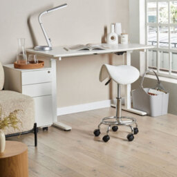 Wyld and Coco Saddle Stool White Faux Leather, Height-Adjustable Swivel 53-70 Cm, Compact Design - thumbnail 2