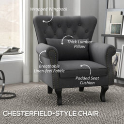 Homcom Wingback Armchair, Chesterfield-Style Accent Chair, Dark Grey - thumbnail 5