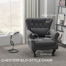 Homcom Wingback Armchair, Chesterfield-Style Accent Chair, Dark Grey - thumbnail 4