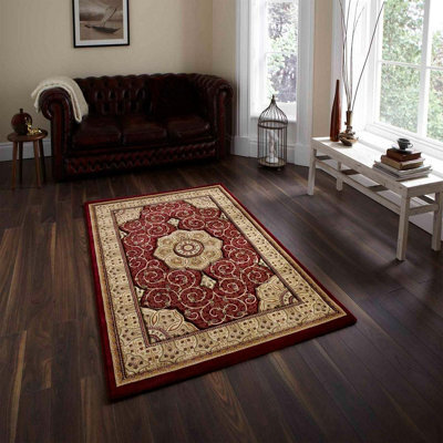 Red Traditional Easy To Clean Bordered Floral Rug For Dining Room-120Cm X 170Cm - image 1