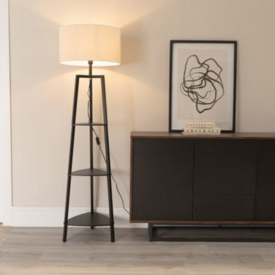 Valuelights Hiru Black 3 Tier Shelf Floor Lamp With White Trim Linen Shade And Bulb - image 1