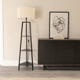 Valuelights Hiru Black 3 Tier Shelf Floor Lamp With White Trim Linen Shade And Bulb - thumbnail 2