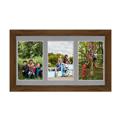 AK Frames 40X20Cm Walnut Modern Multi Photo Frame With Mid Grey Mount - Holds 3 Apertures (3X) 6X4 Photos - image 1