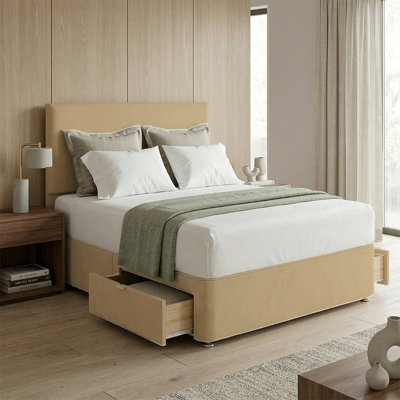 "Adore Designs Victoria Plush Velvet Divan Bed, 50"" Headboard & Mattress - 4Ft Small Double - Cream - 2 Drawers Foot End" - image 1