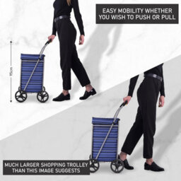 Aerolite Hoppa Shopping Trolley Single 95Cm 75.6L, Lightweight Folding 4 Wheel Push Pull Design, Extra Large Blue Stripes Polyester Bag - thumbnail 6