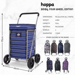 Aerolite Hoppa Shopping Trolley Single 95Cm 75.6L, Lightweight Folding 4 Wheel Push Pull Design, Extra Large Blue Stripes Polyester Bag - thumbnail 2