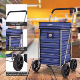 Aerolite Hoppa Shopping Trolley Single 95Cm 75.6L, Lightweight Folding 4 Wheel Push Pull Design, Extra Large Blue Stripes Polyester Bag - thumbnail 3